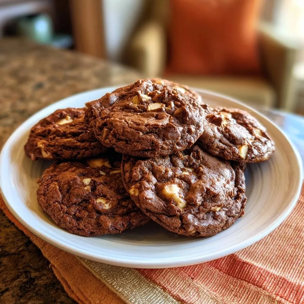 Chewy double chocolate walnut cookies piled high on a white plate, showcasing their rich texture and white chocolate chunks.