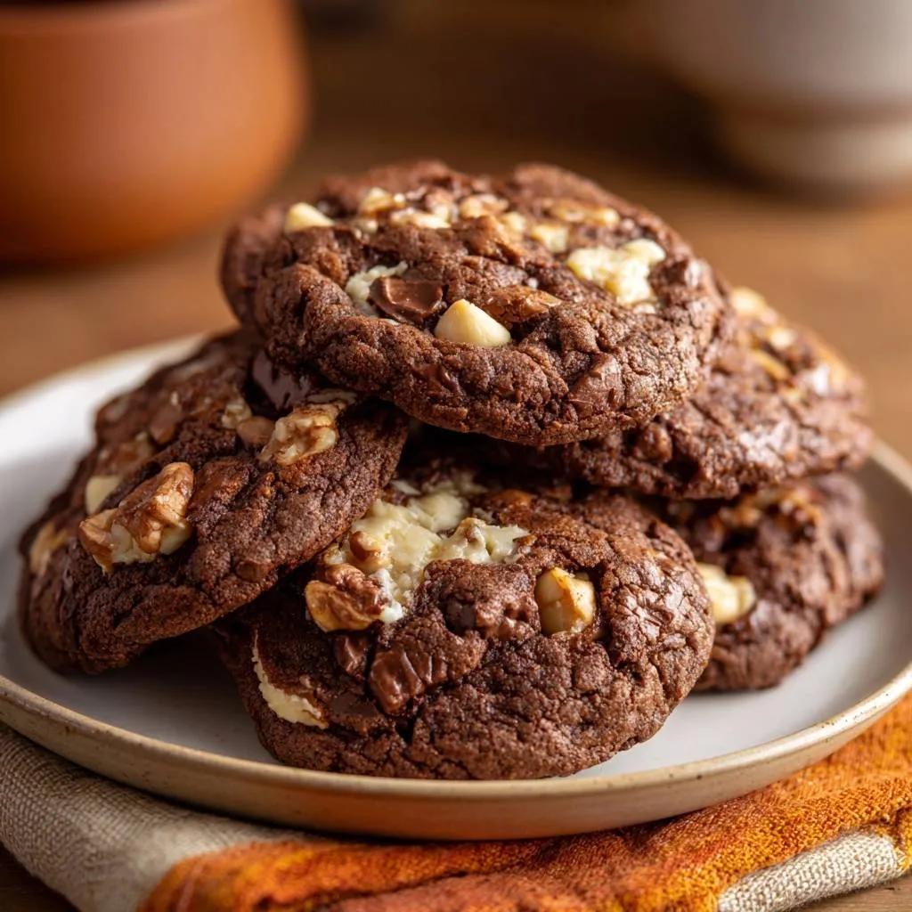 Chewy double chocolate walnut cookies stacked on a plate with a textured orange napkin.