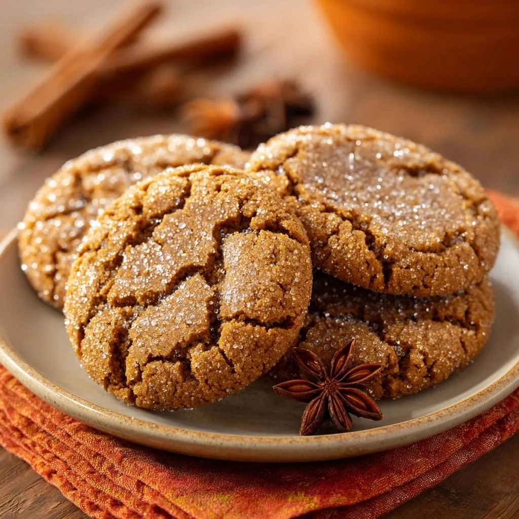 Chewy gingersnaps with a sugar-crusted textured surface and a star anise garnish on a plate.