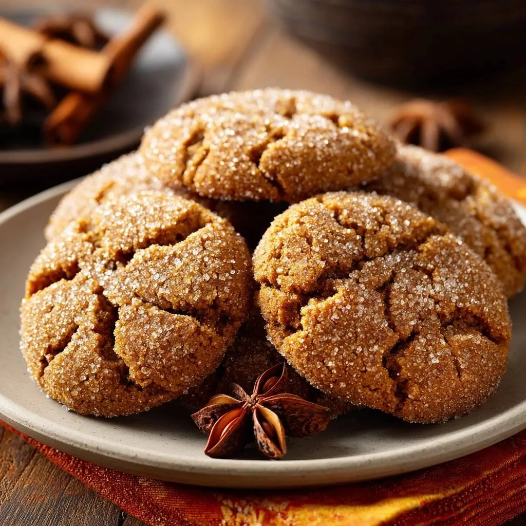 Chewy gingersnaps are piled on a plate, showcasing their cracked, sugar-crusted tops and a star anise garnish.