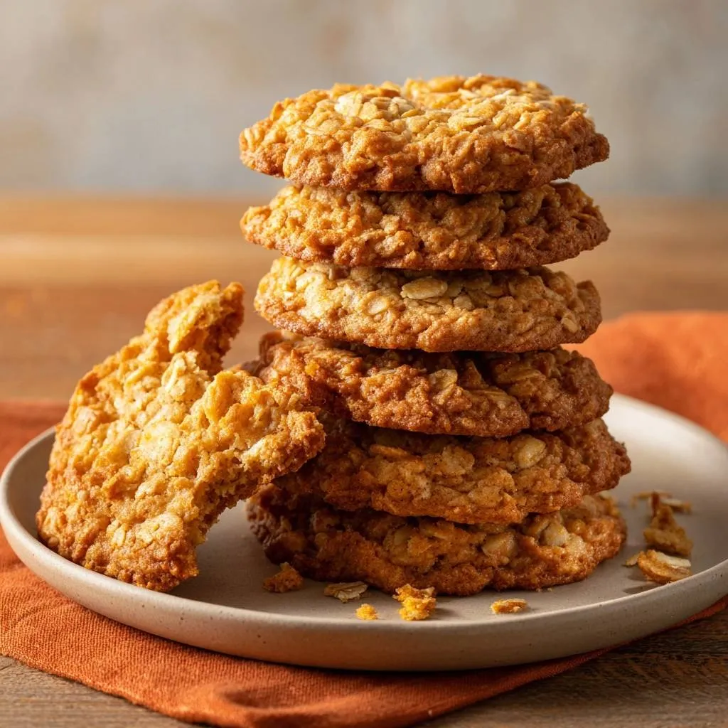 Chewy oatmeal cookies stacked high on a plate with one cookie broken off to the side.