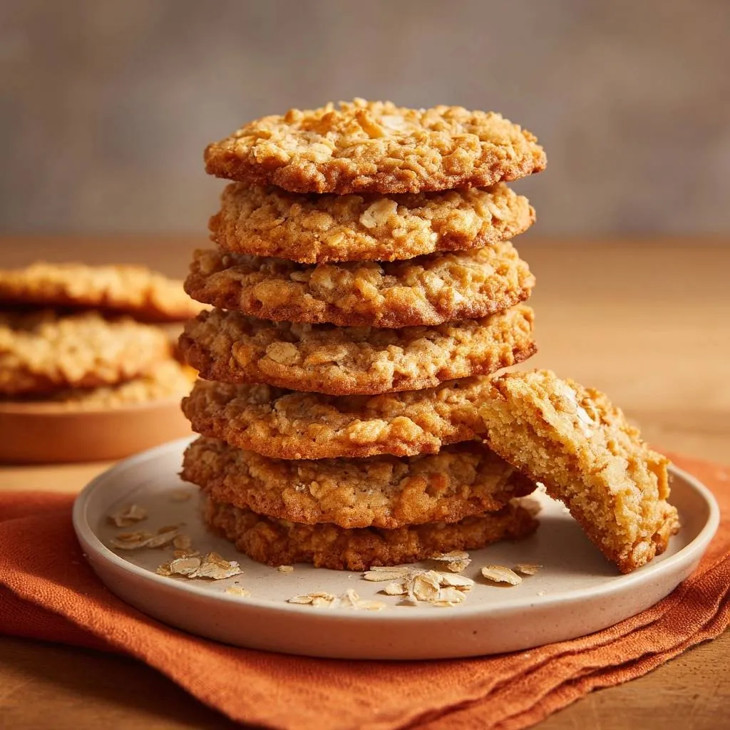 Chewy oatmeal cookies stacked high on a plate with one cookie broken to show the interior texture.
