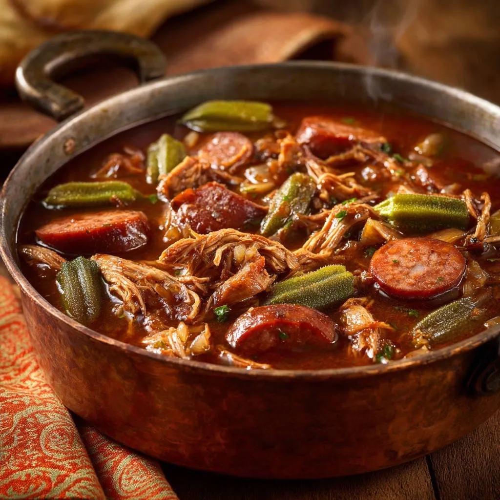 Hearty Chicken and Sausage Gumbo with okra and sausage in a copper pot, close-up view.