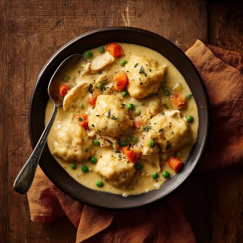 Creamy chicken and dumplings with fluffy drop dumplings served in a dark bowl with a spoon.