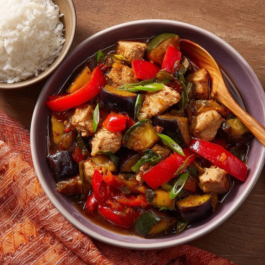 Chicken eggplant stir-fry in a bowl with a wooden spoon, showing pieces of chicken, eggplant, and red peppers.