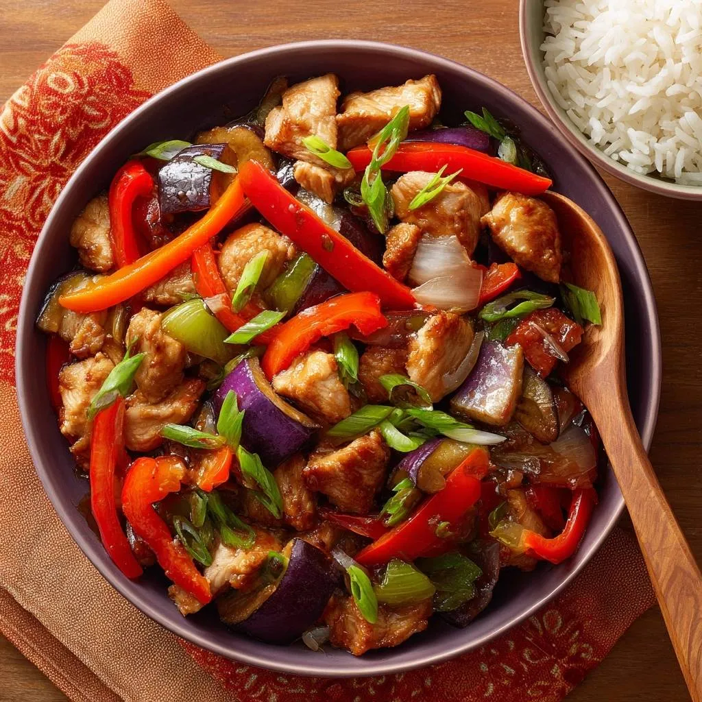 Chicken eggplant stir-fry served in a bowl with a wooden spoon, featuring red bell peppers and green onions.