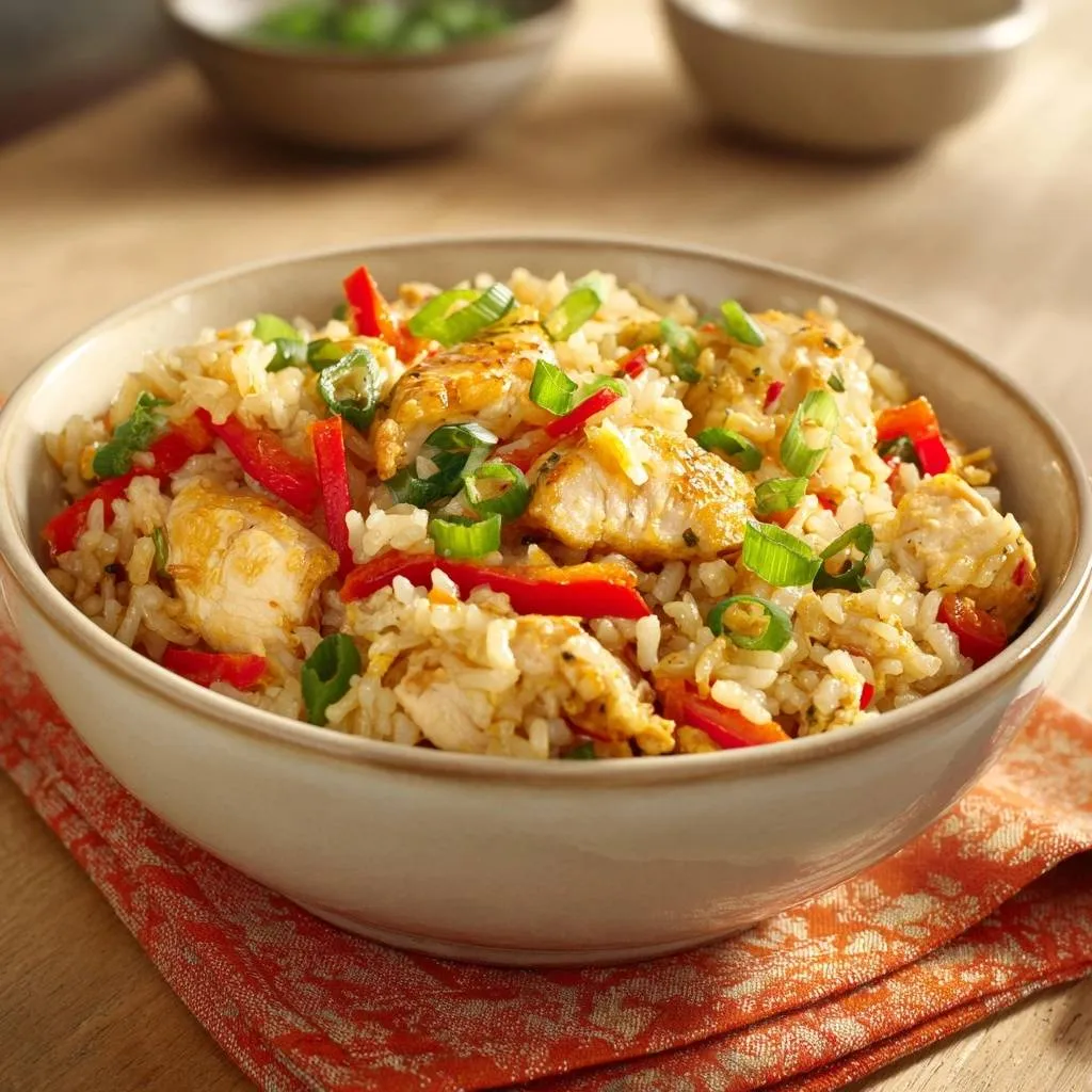 Chicken fried rice served in a bowl with tender chicken pieces, red bell peppers, and green onions.