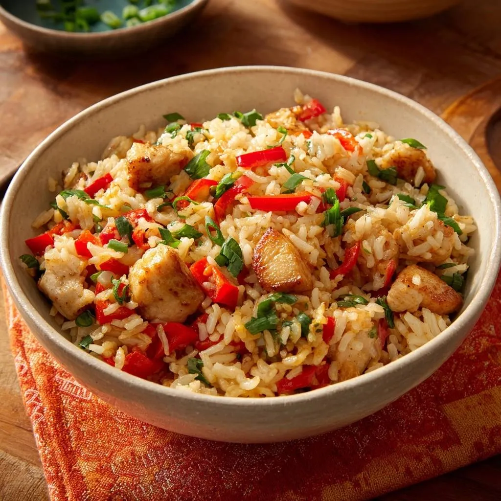 Chicken fried rice served in a bowl, showcasing fluffy grains, tender chicken pieces, and red bell peppers.