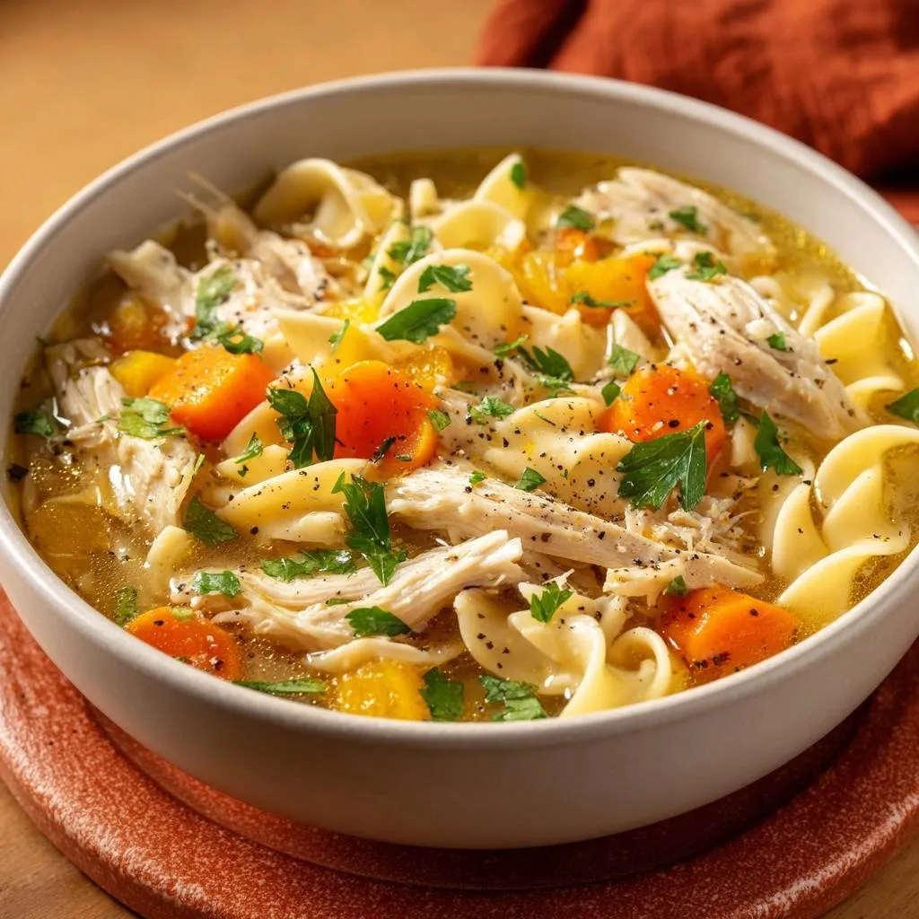 Classic chicken noodle soup with perfect al dente noodles, shown in a close-up of a white bowl filled with broth, chicken, carrots, and pasta.