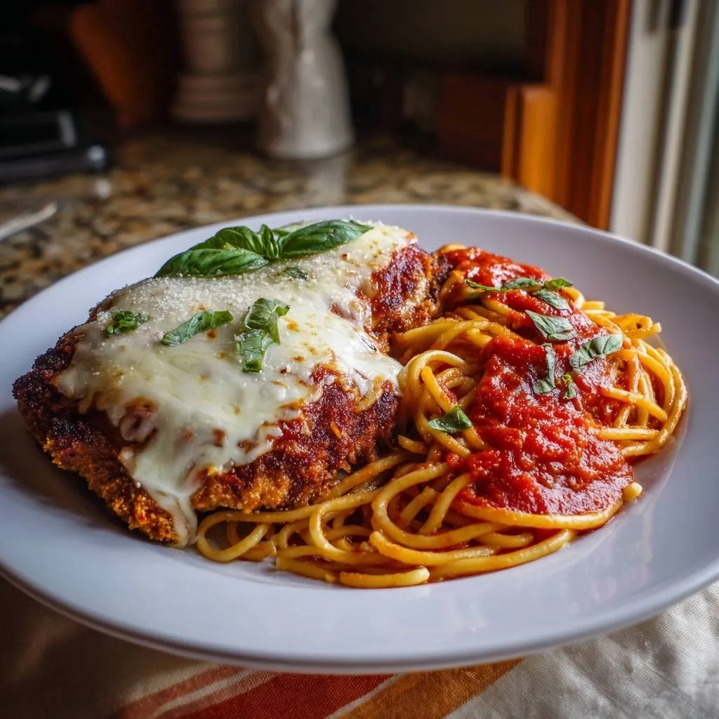 Chicken Parmesan with Spaghetti, a single serving plated with melted cheese and marinara sauce, garnished with basil.