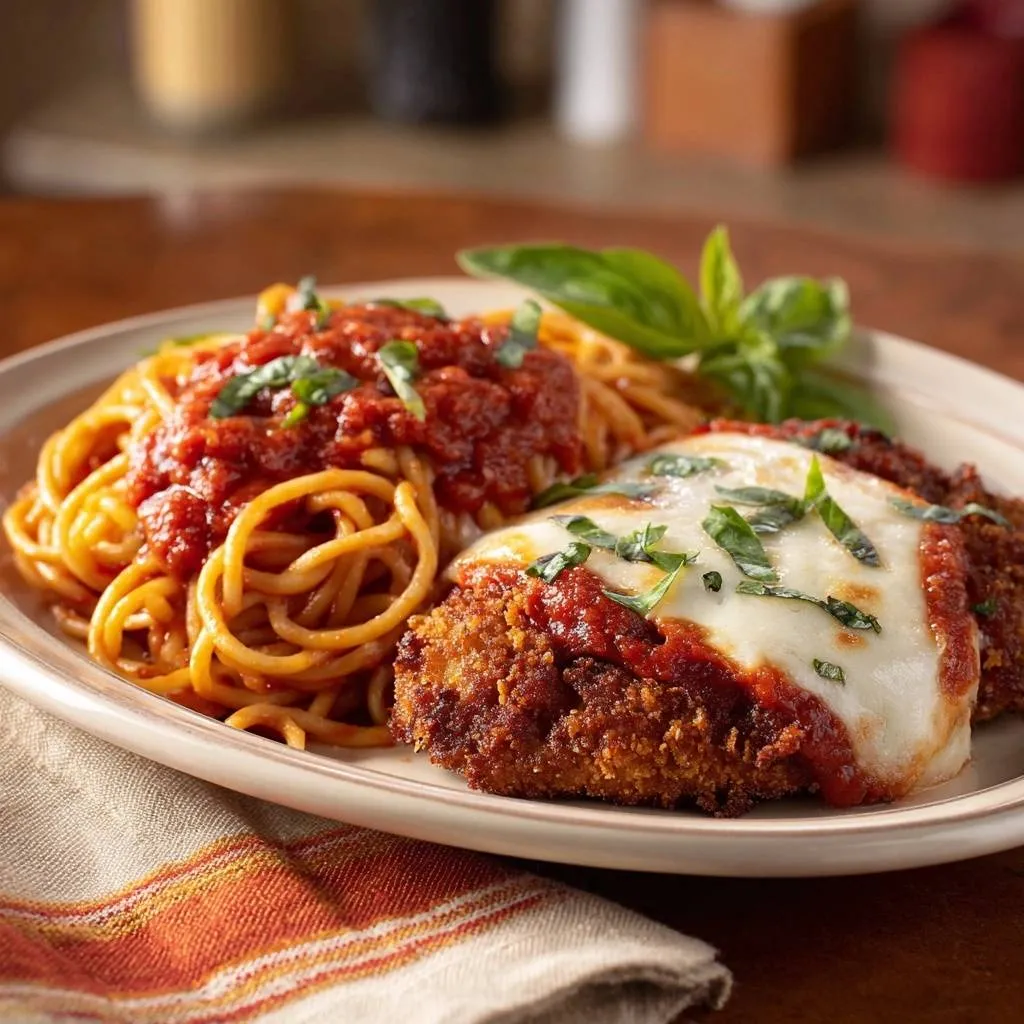 Chicken Parmesan with Spaghetti plated on a white dish with fresh basil garnish and rich marinara sauce.