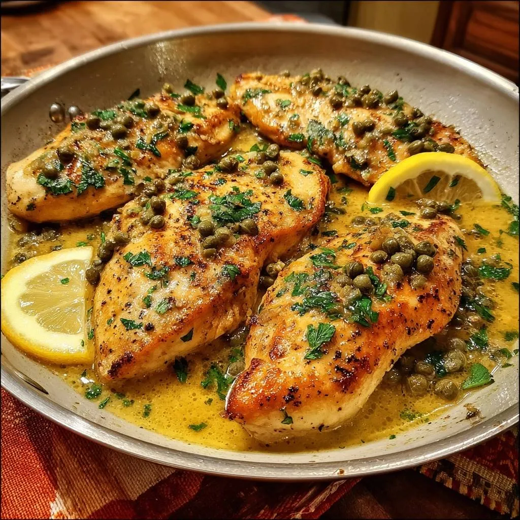 Chicken piccata in a skillet with a bright lemon butter sauce, capers, and fresh parsley garnish.