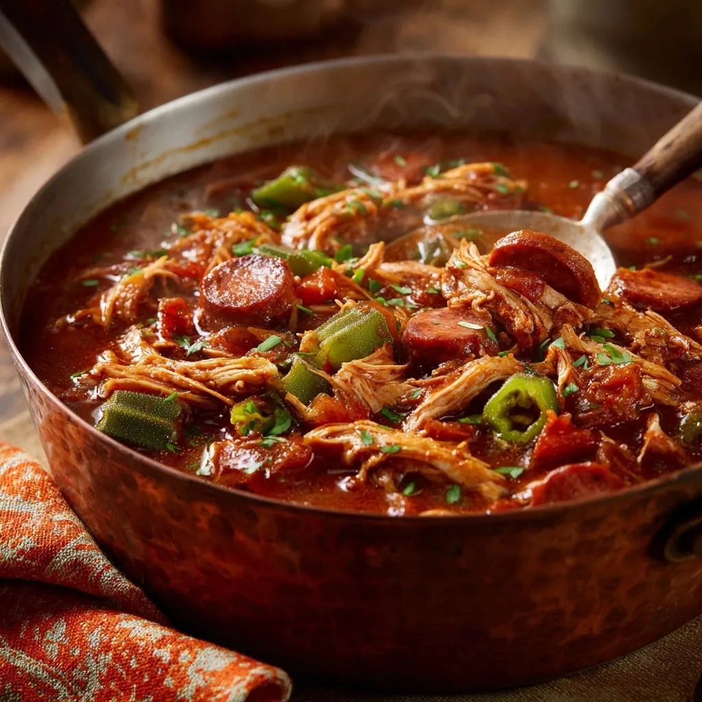 Hearty chicken and sausage gumbo steaming in a copper pot with okra and tomatoes, garnished with parsley.