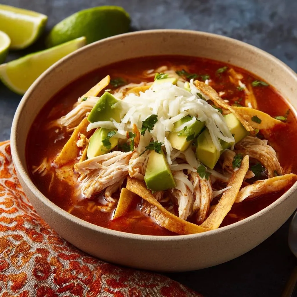 Chicken tortilla soup with shredded chicken, avocado, cheese, and tortilla strips in a bowl, close-up view.