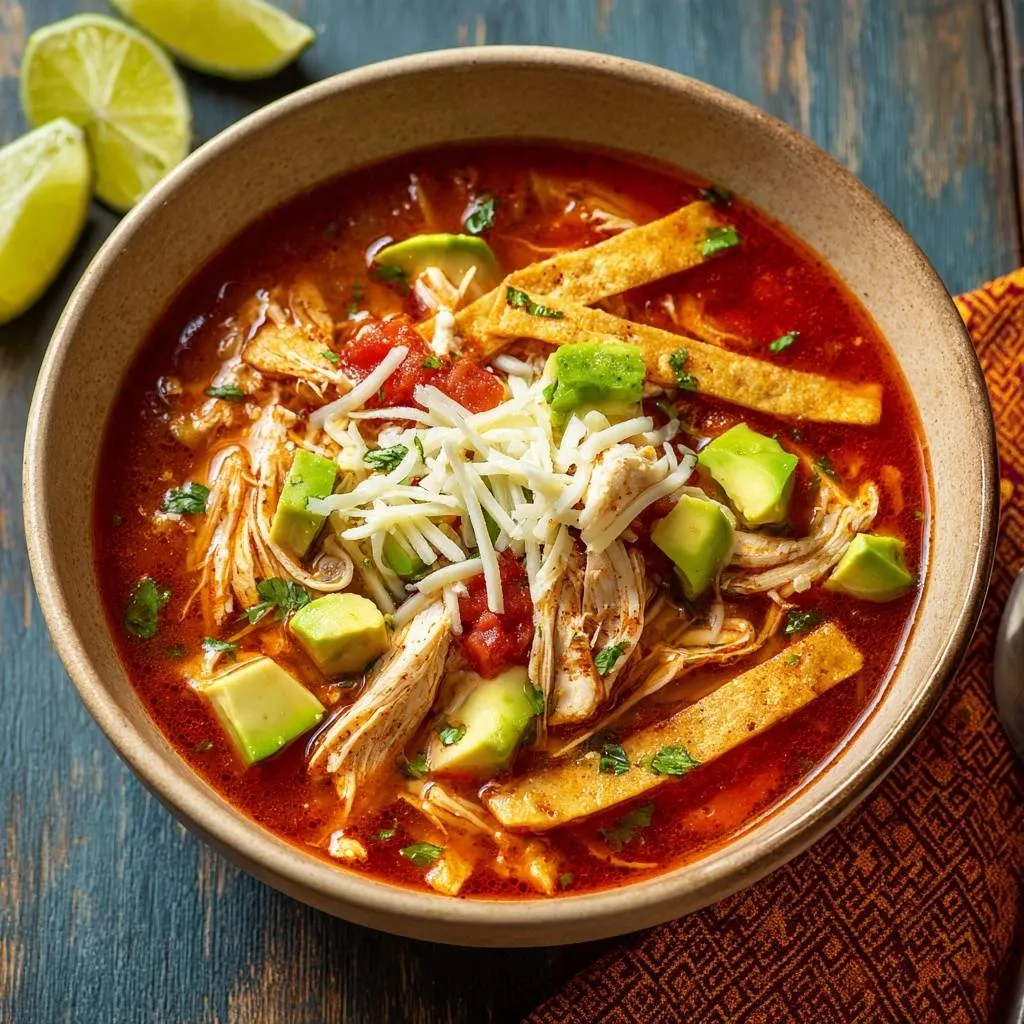 Chicken tortilla soup with avocado, cheese, and tortilla strips, served in a rustic bowl with lime wedges.
