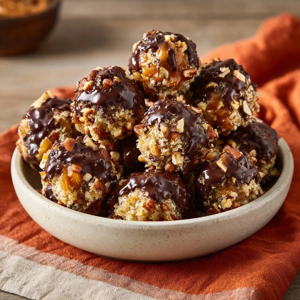 Chili mac chocolate caramel nut truffles are piled high in a bowl, drizzled with chocolate and sprinkled with nuts.