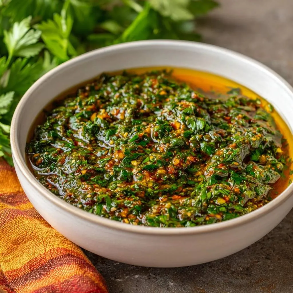 Chimichurri sauce in a white bowl, a vibrant green herbaceous sauce with visible chili flakes and oil.
