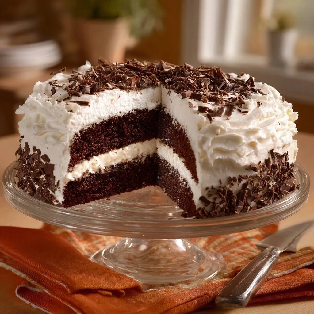 Chocolate banana whipped cream cake cross-section showing rich chocolate layers and creamy filling, topped with whipped cream and chocolate shavings.