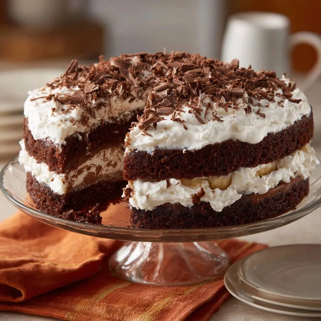 Chocolate banana whipped cream cake cross-section showing layers of cake, whipped cream, and banana slices.