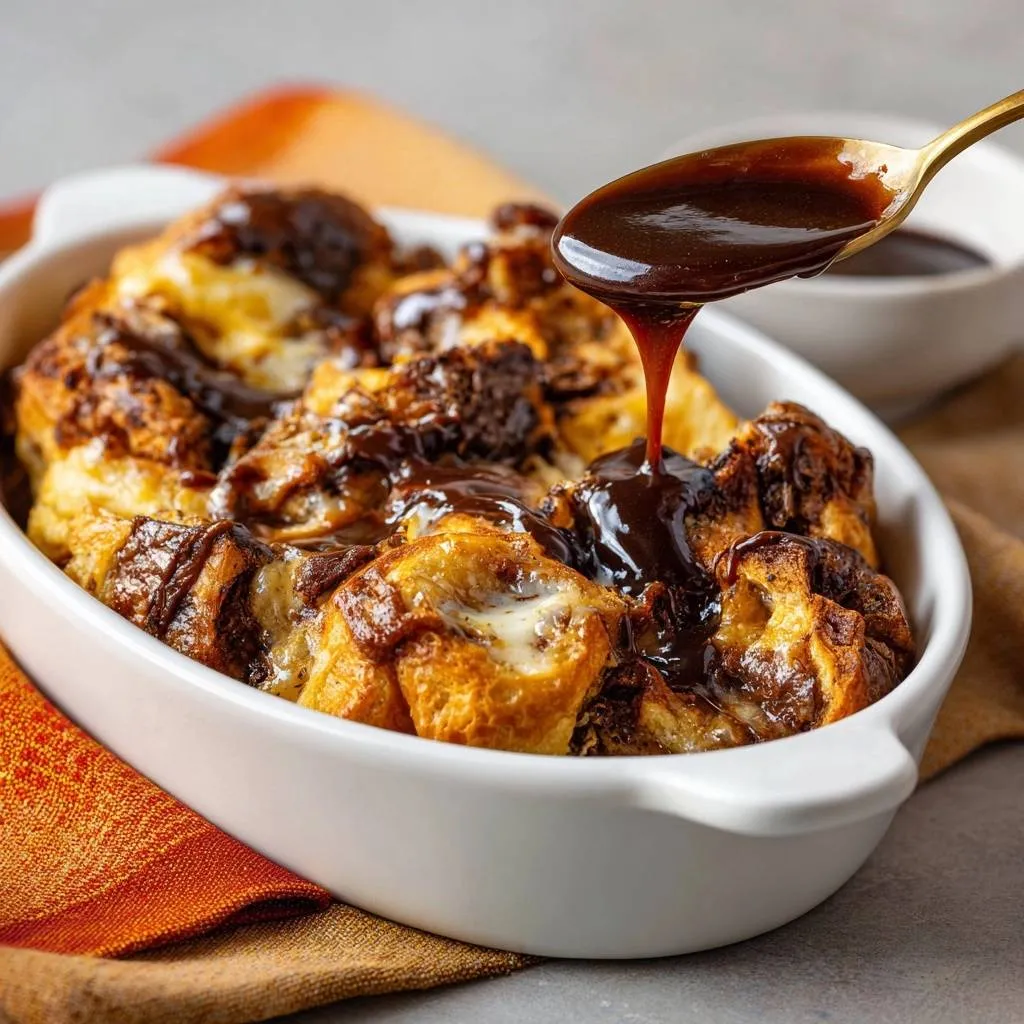 Chocolate bread pudding with crisp edges and custardy centers, as rich chocolate sauce is drizzled from a spoon.