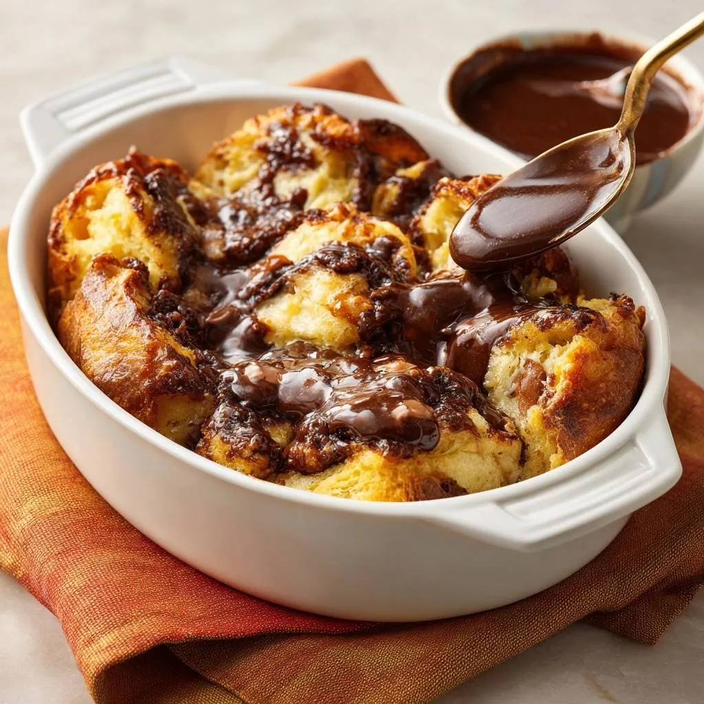 Chocolate bread pudding with crisp edges and custardy centers, a spoonful of rich chocolate sauce being added.