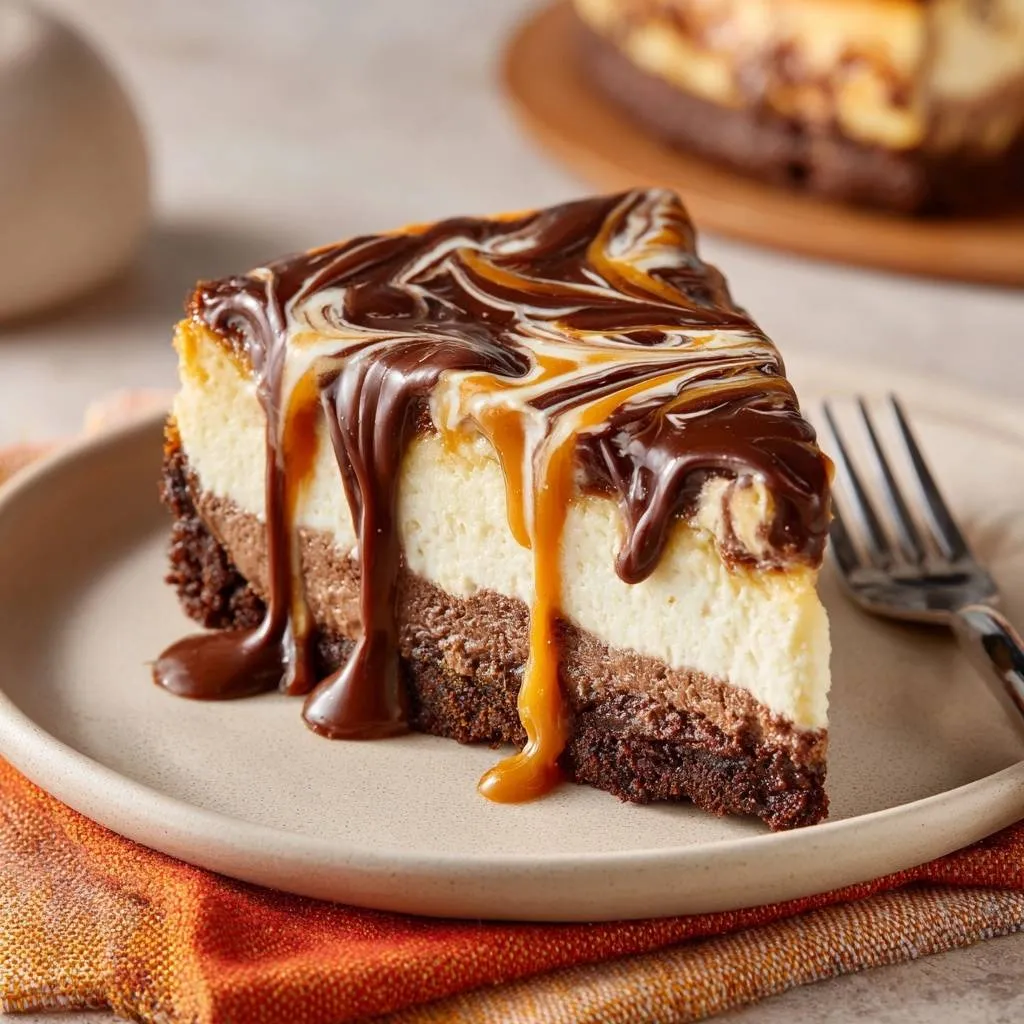 Chocolate caramel cheesecake bars, a single slice showcasing rich chocolate and caramel drizzles over a creamy cheesecake layer.