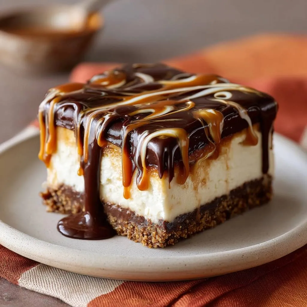 Chocolate caramel cheesecake bars, a slice with rich chocolate and caramel drizzle cascading down the sides.