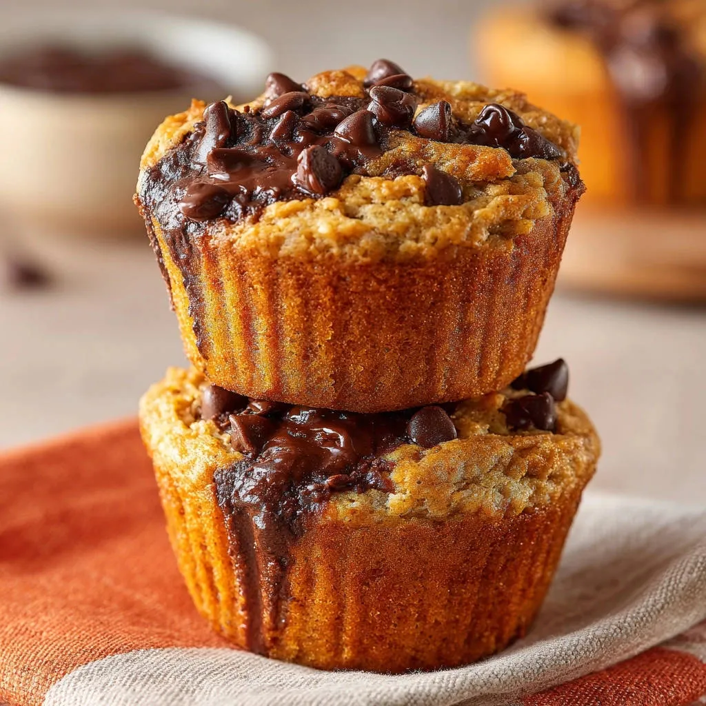 Bakery-style chocolate chip muffins stacked with a rich, melted chocolate topping and chocolate chips.