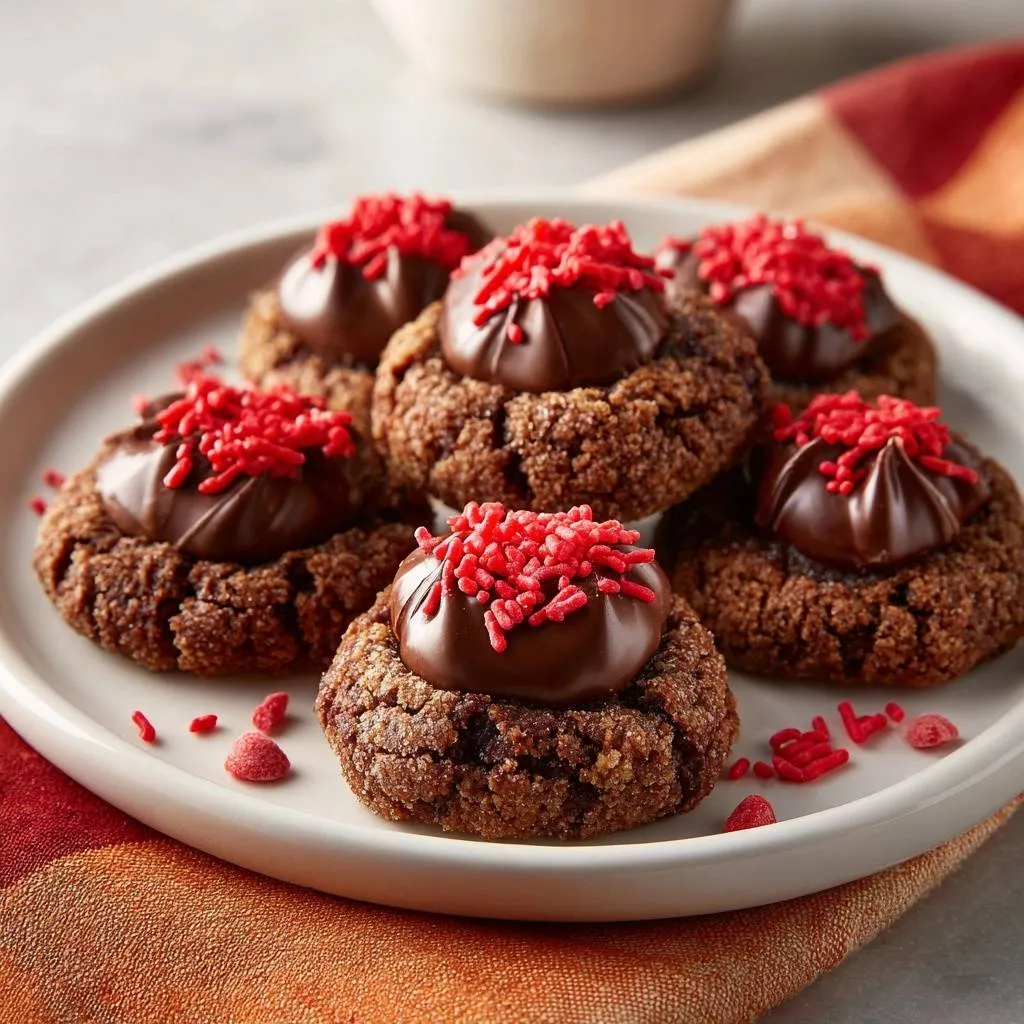 Chocolate crinkle thumbprint cookies with perfect ganache wells and red sprinkles, detailed close-up view.