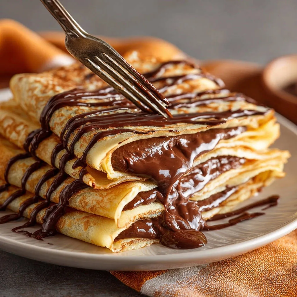 Stacked chocolate dessert crepes with a fork piercing the top layer, showing rich filling and chocolate drizzle.