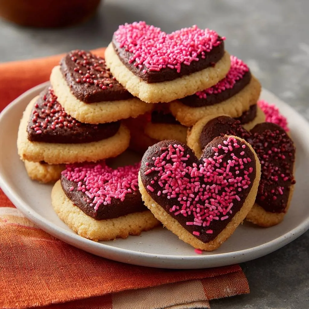 Chocolate-dipped heart shortbread cookies stacked on a white plate, decorated with pink and chocolate sprinkles.