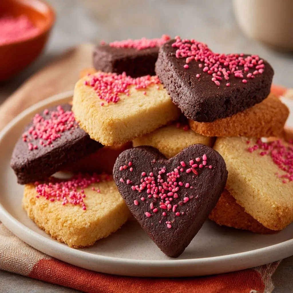 Chocolate-dipped heart shortbread cookies piled high on a plate, topped with pink sprinkles.