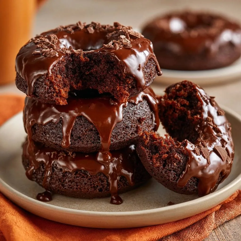 Chocolate glazed donuts stacked on a plate, with one donut broken to show the tender interior texture.