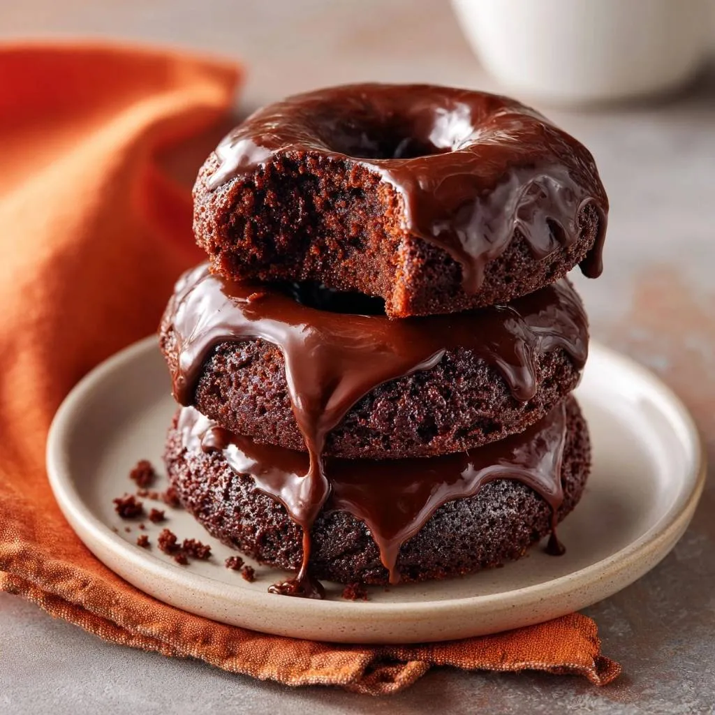 Chocolate glazed donuts stacked with a bite taken out of the top one, showing the tender interior.