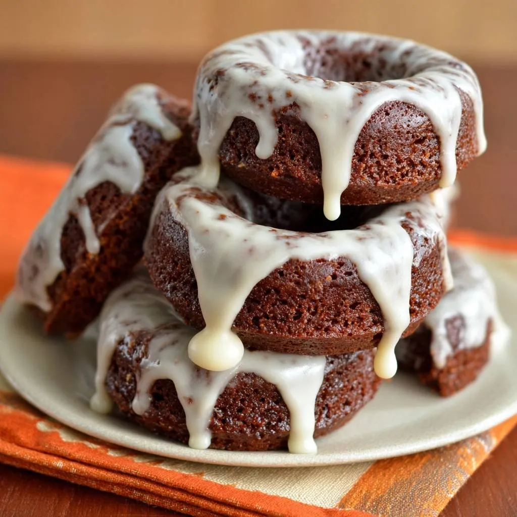 Chocolate glazed donuts stacked high on a plate, with thick white glaze dripping down the sides.