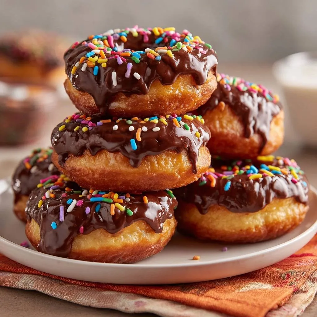 Chocolate glazed sprinkle donuts stacked on a white plate, showcasing their colorful topping and rich frosting.