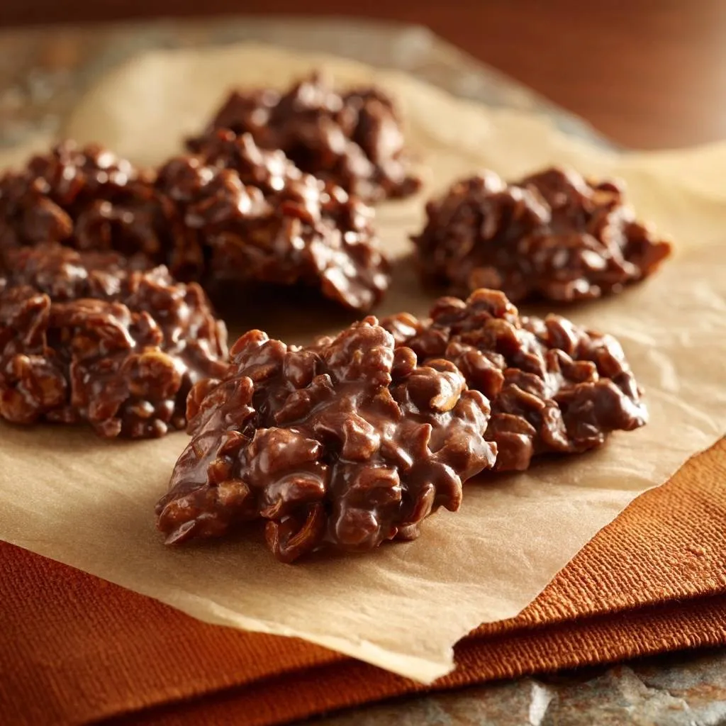 Chocolate Peanut Butter Haystacks showcasing their rough, textured clusters and glossy finish.