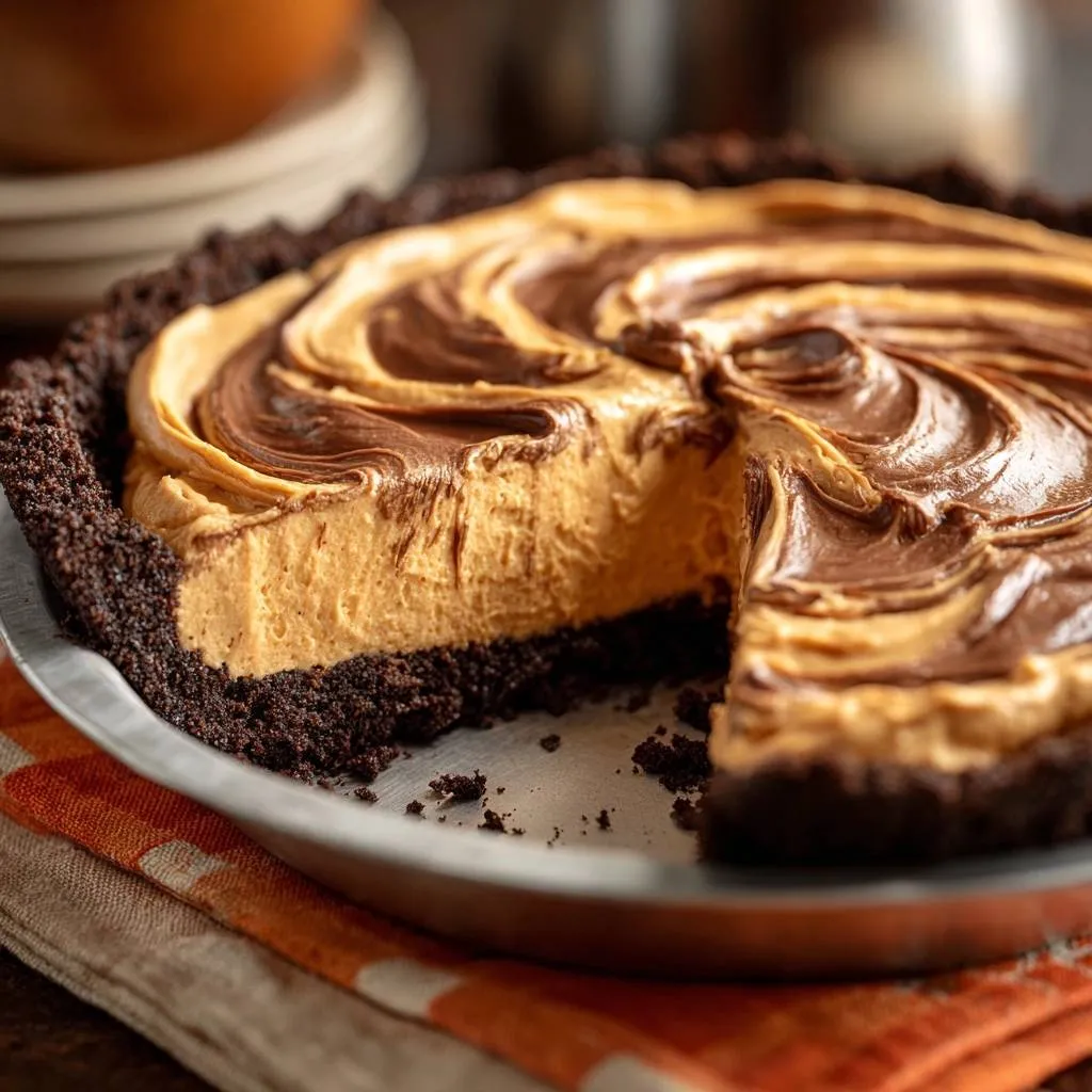Chocolate peanut butter swirl pie recipe shown in a close-up cross-section with a bite taken out, highlighting the creamy filling and chocolate crust.