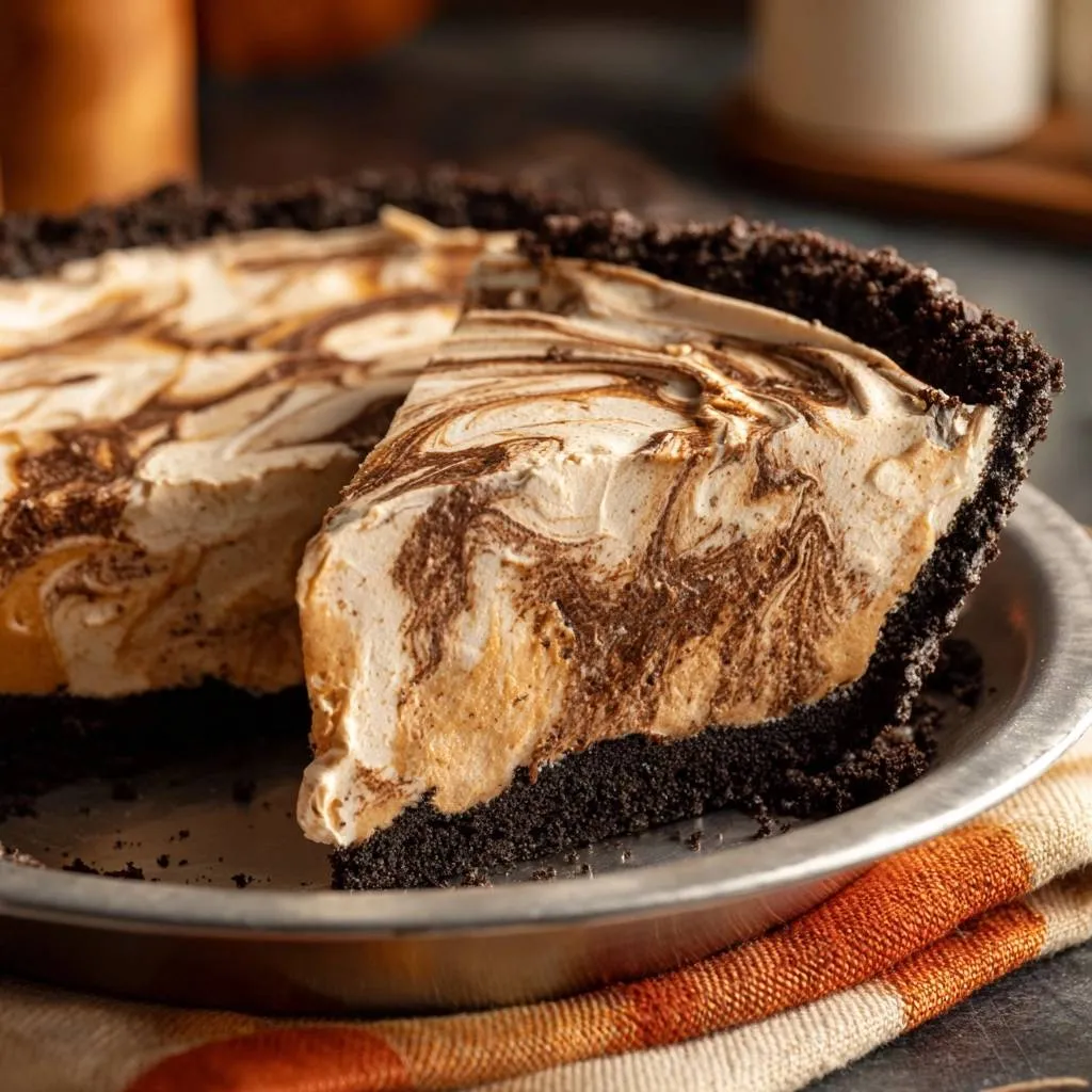 Chocolate peanut butter swirl pie recipe, with a slice removed showing the creamy, swirled interior filling.