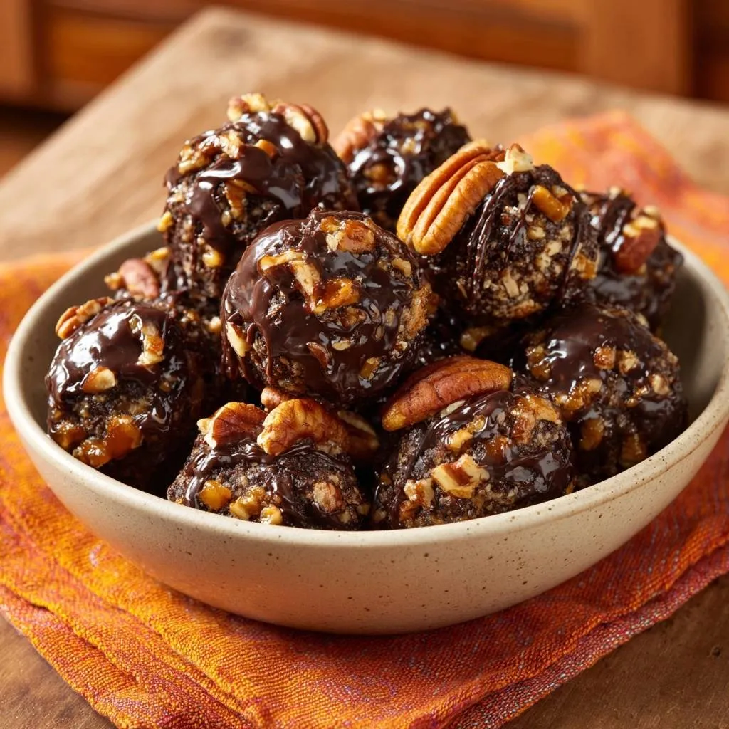 Chocolate pecan balls, a no-crumble recipe, piled high in a rustic bowl and drizzled with chocolate and topped with pecans.