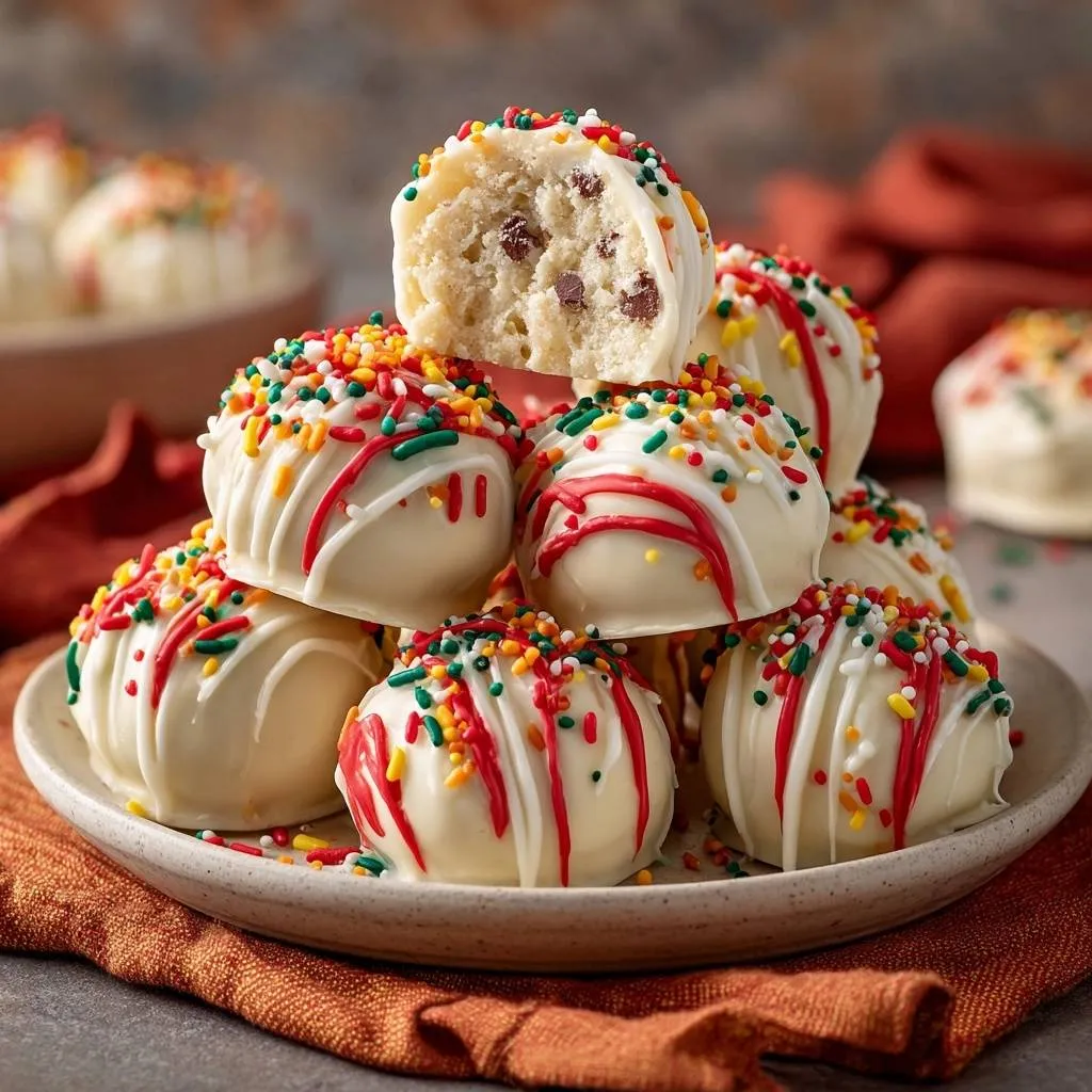 Christmas Chocolate Chip Cookie Dough Truffles shown with a cross-section revealing the chocolate chips inside.