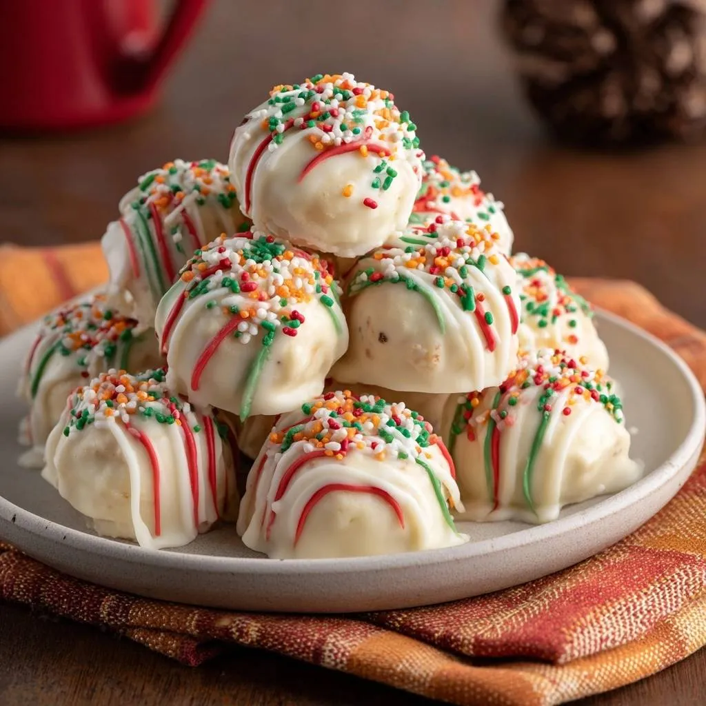Christmas chocolate chip cookie dough truffles piled high on a plate, drizzled with white icing and festive sprinkles.