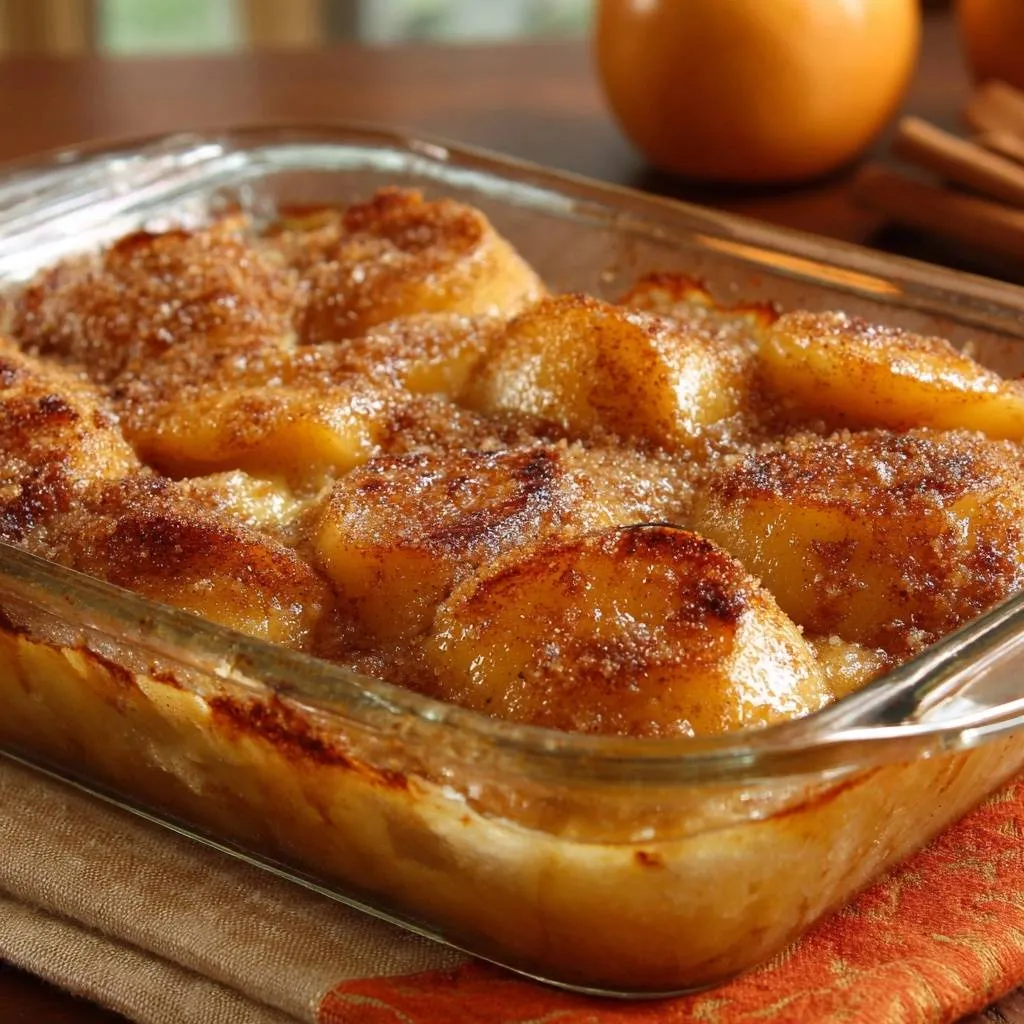 Cinnamon sugar baked peaches are presented in a clear glass baking dish, showcasing their warm, caramelized topping.