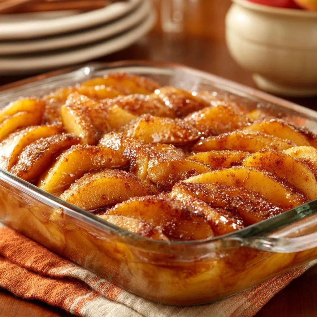 Cinnamon sugar baked peaches arranged in a clear glass baking dish, showcasing a warm, glistening topping.