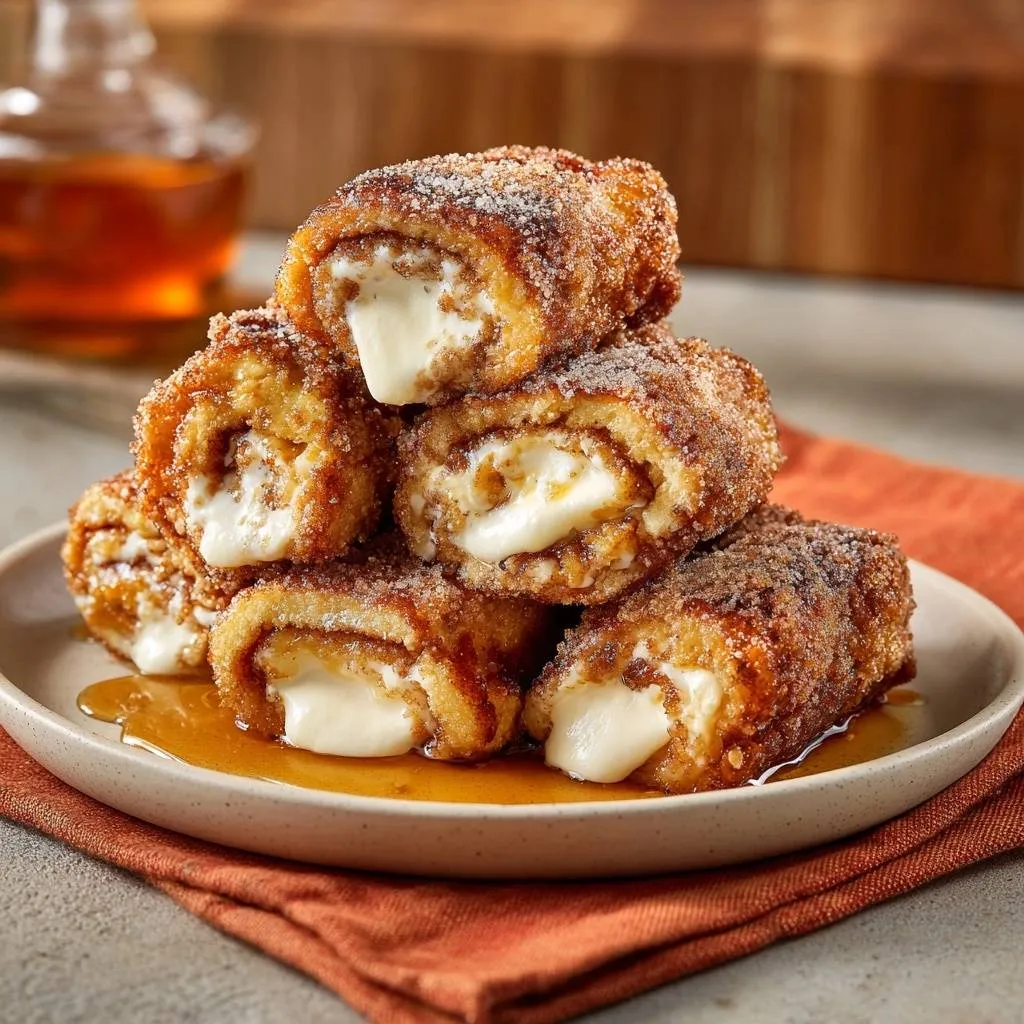 Cinnamon sugar cream cheese French toast rolls showing a cross-section with a creamy white filling and golden-brown exterior.