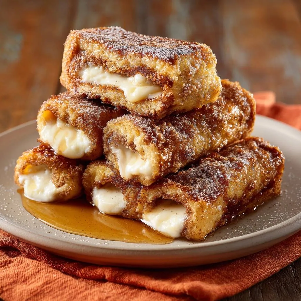 Cinnamon sugar cream cheese French toast rolls shown in a close-up cross-section revealing the creamy filling and golden-brown exterior.