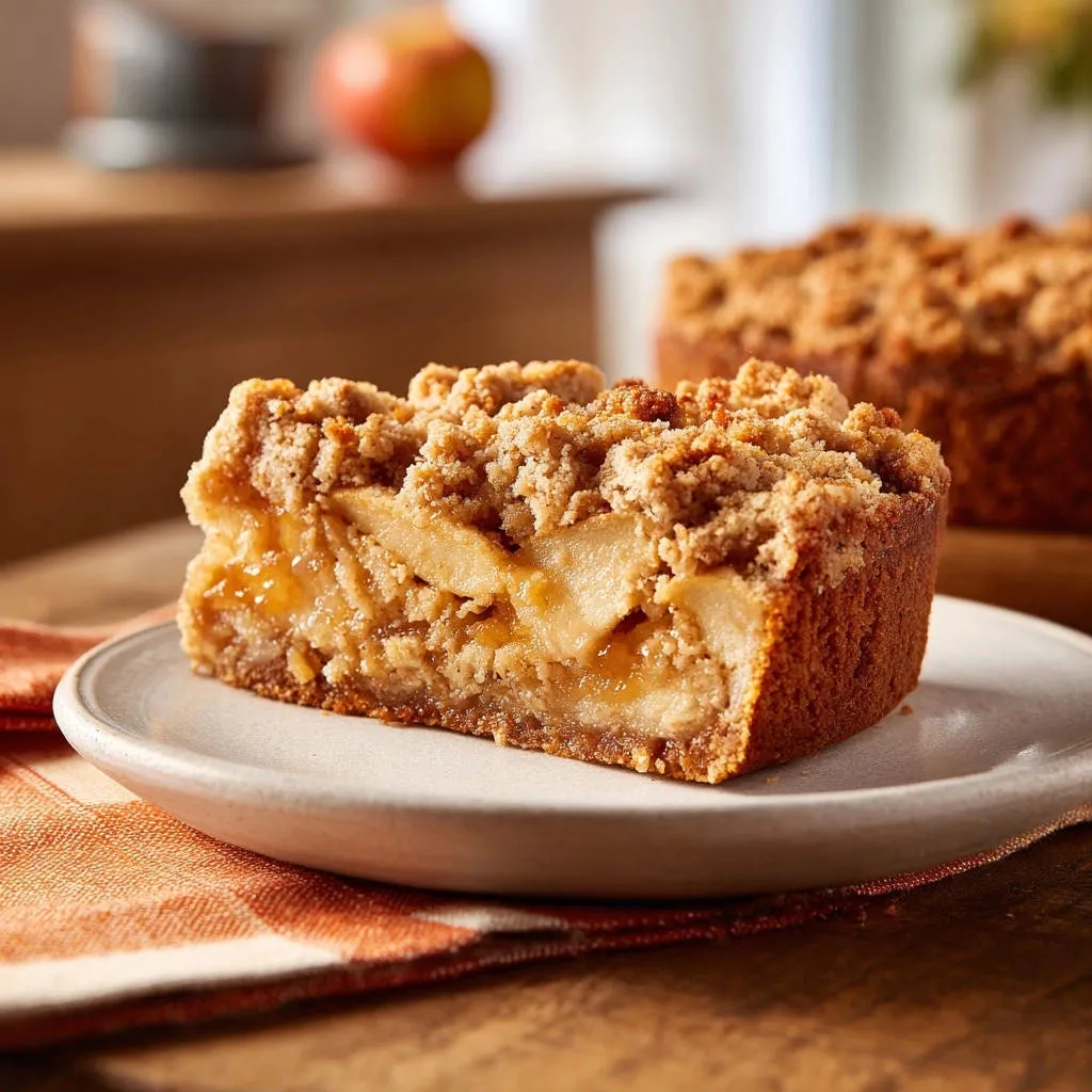 Classic apple crumb cake shown as a close-up cross-section slice on a plate with a textured topping and visible apple filling.