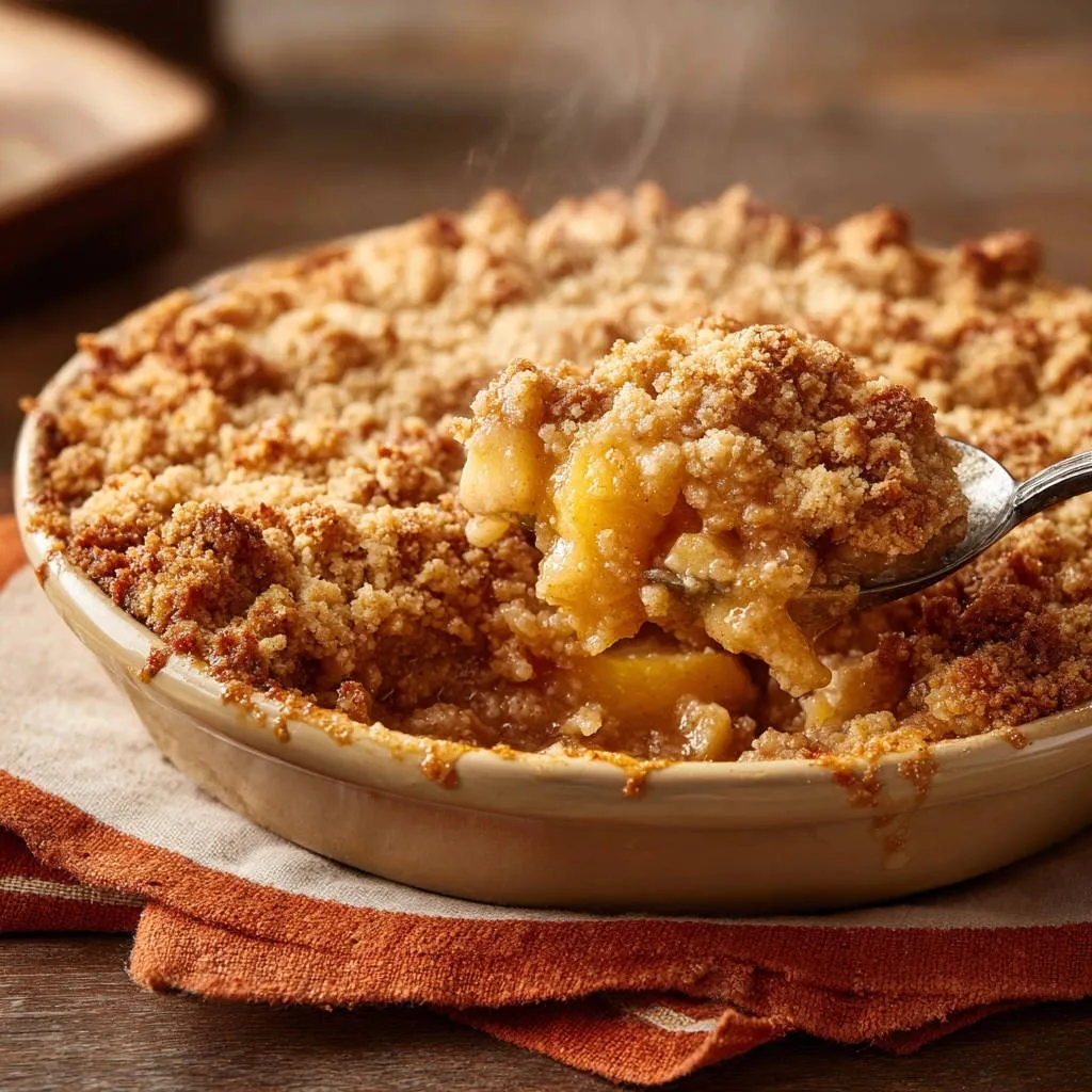 Classic apple crumble being served with a spoonful showing the warm, baked fruit and crumb topping.