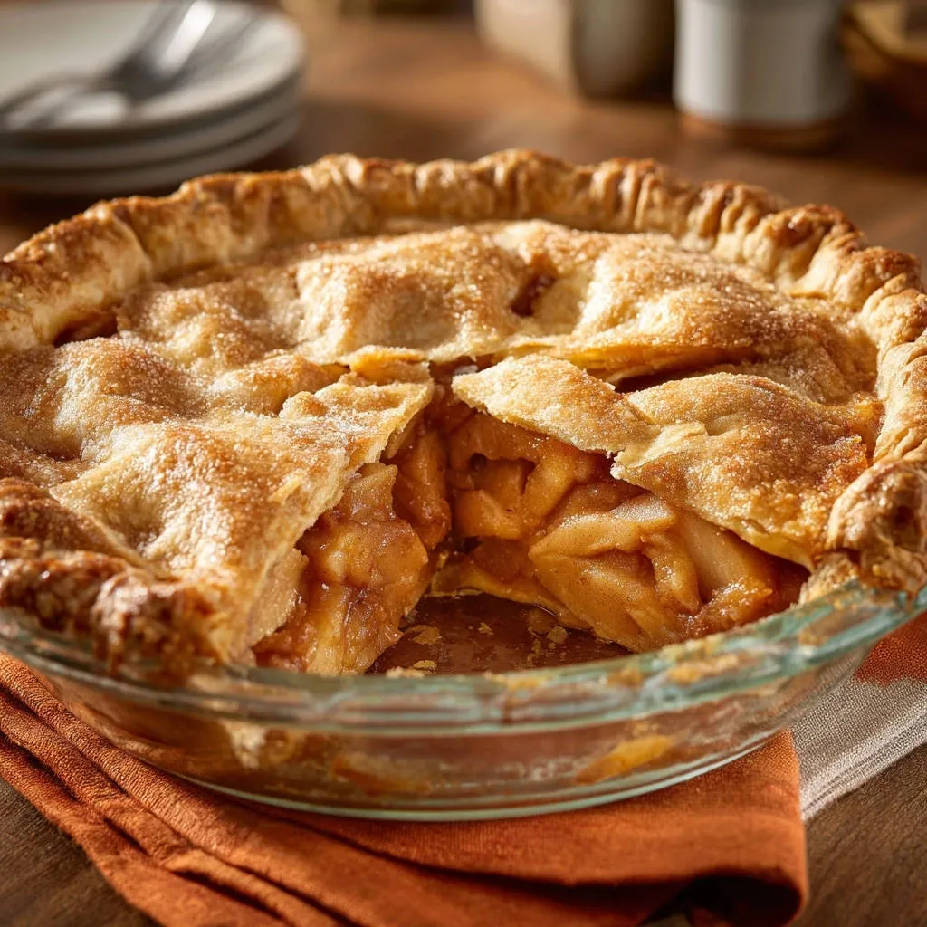 Classic apple pie with a golden-brown lattice crust, showing a close-up cross-section of the tender apple filling.