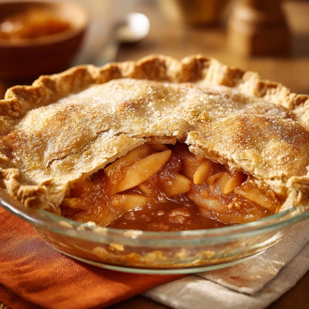 Classic apple pie with a cut-open top, revealing the perfectly set, bubbling apple filling inside.